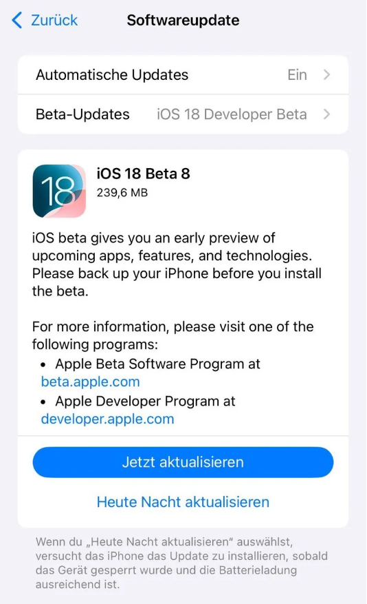 龙亭苹果手机维修分享苹果 iOS / iPadOS 18 开发者预览版 Beta 8 发布 